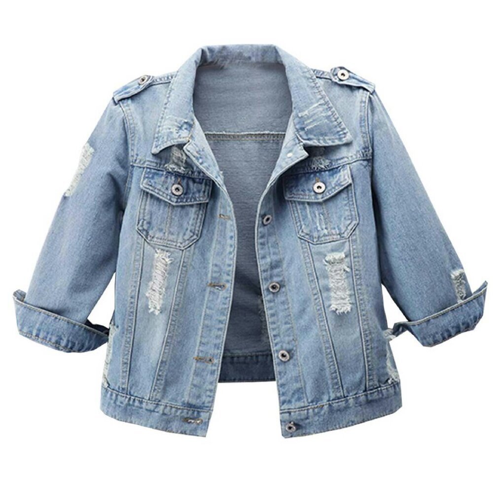 Women's 3/4 Sleeve Denim Jacket Button Front Distressed Regular Fit